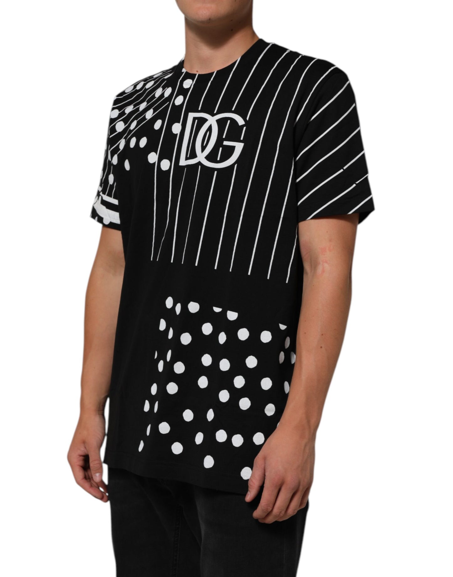 Black Cotton Polka Dots Round Neck T-shirt