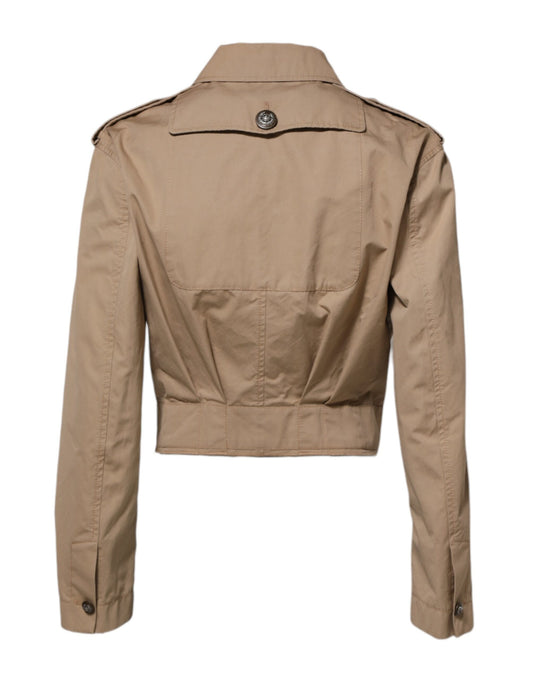 Beige Cotton Button Up Fitted Cropped Jacket