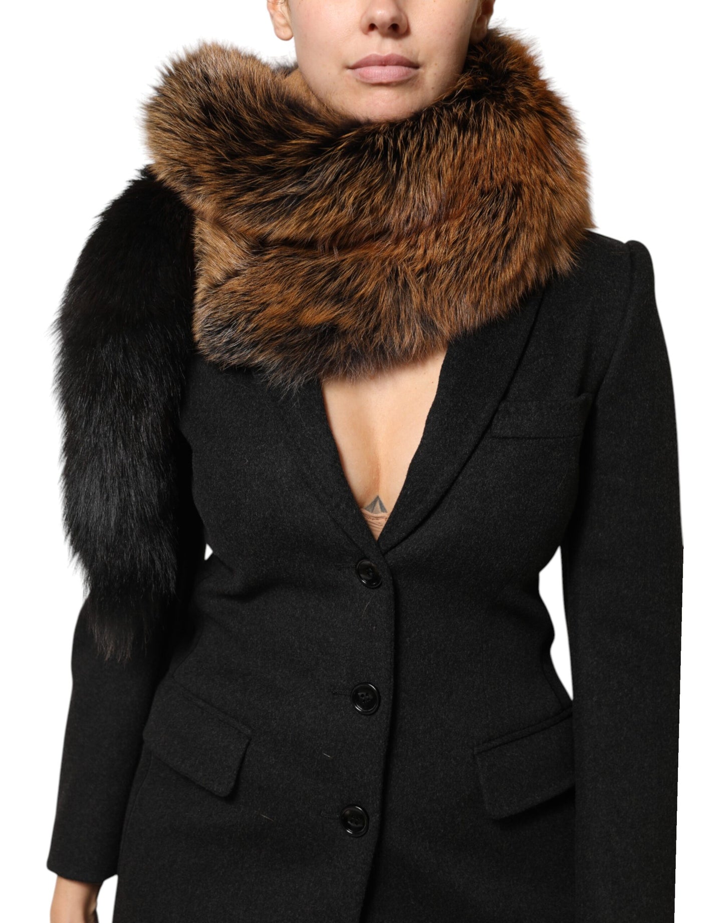 Brown Red Fox Fur Neck Cashmere Warmer Scarf