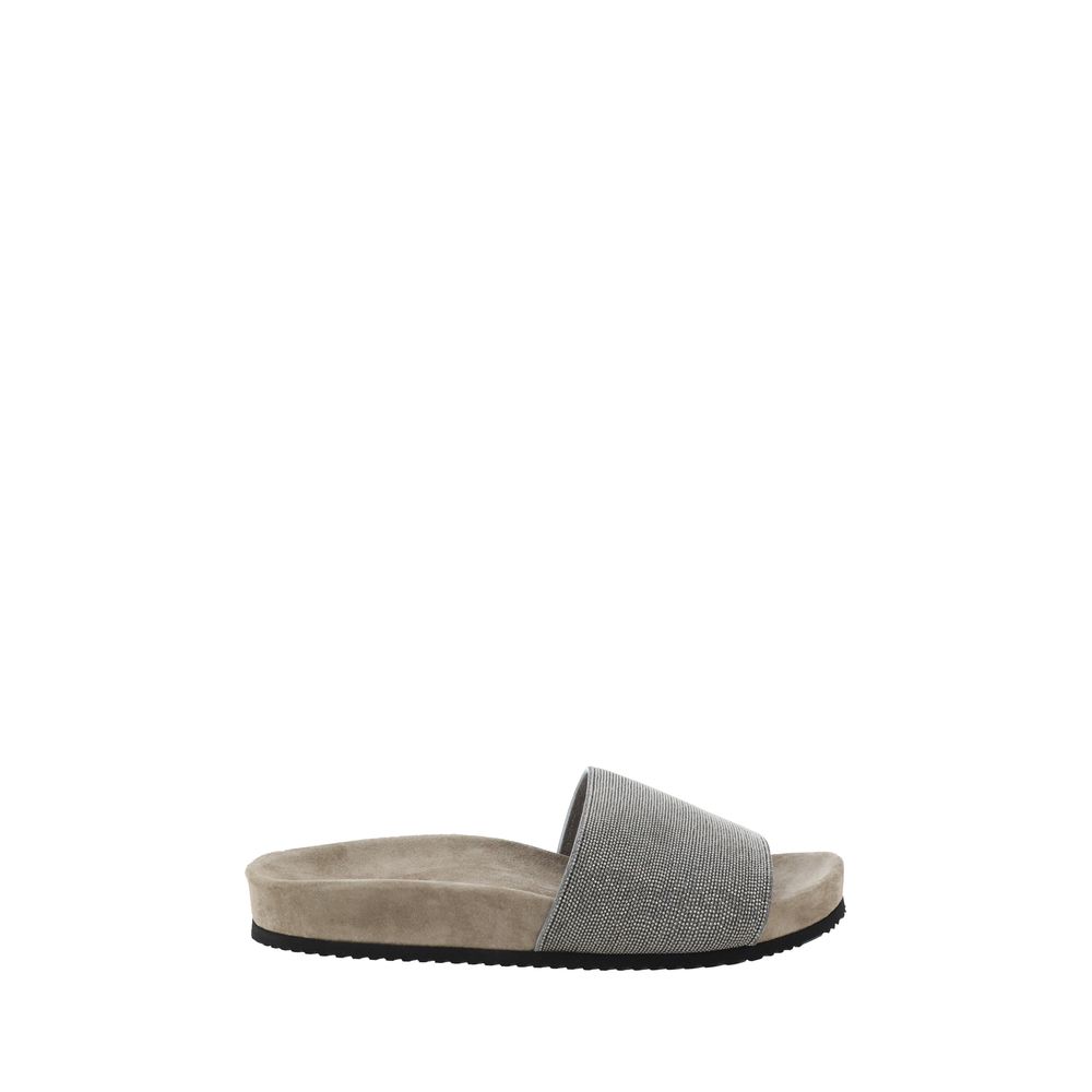 Brown Fabric Flat Sandals