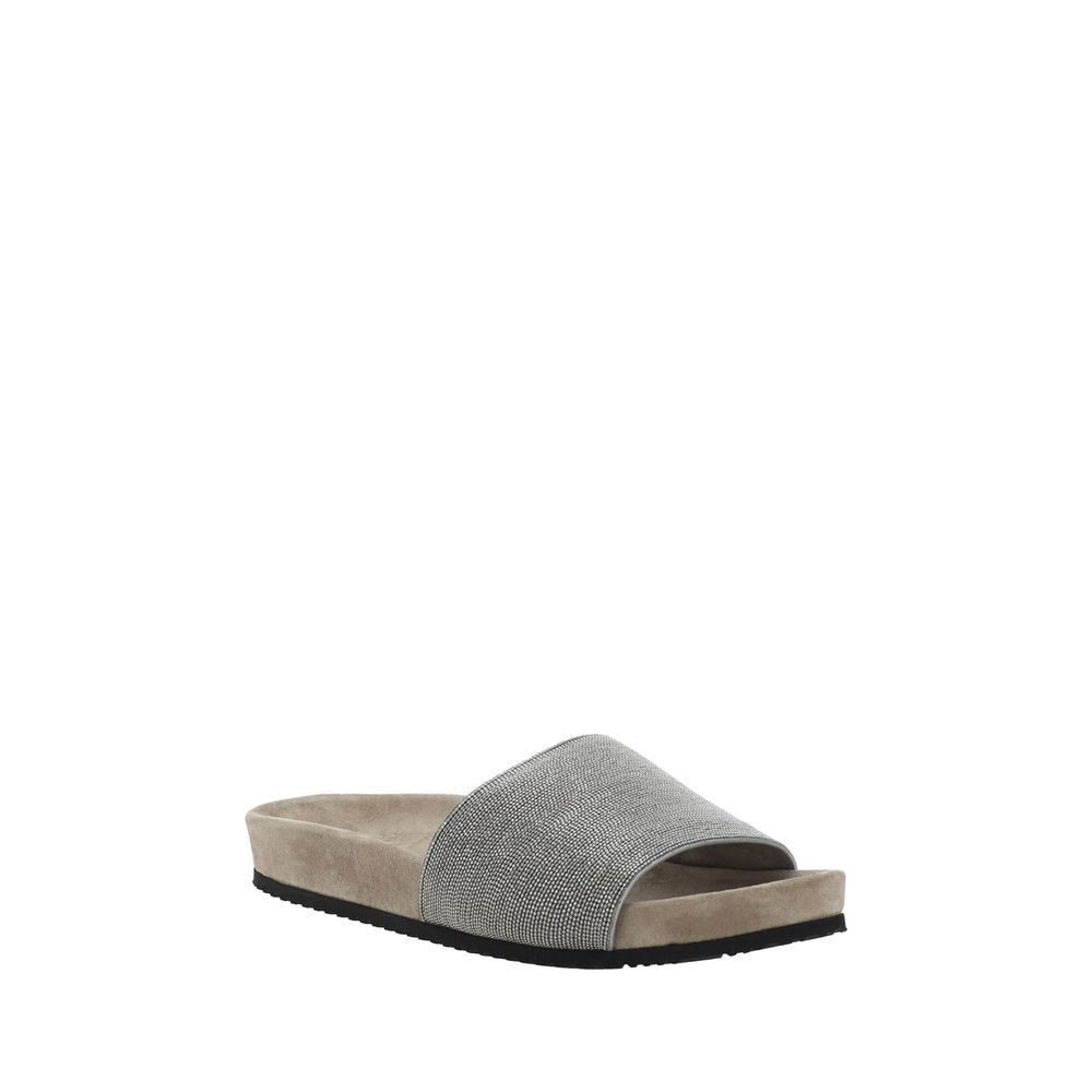 Brown Fabric Flat Sandals