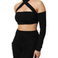 Black Viscose Halter Off Shoulder Cropped Top