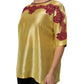 Yellow Silk Satin Floral Lace Short Sleeves Top