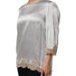 Gray Silk Satin Floral Lace Long Sleeve Top