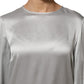 Gray Silk Satin Floral Lace Long Sleeve Top