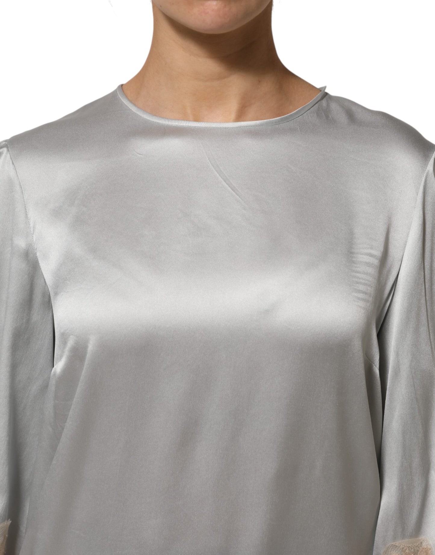 Gray Silk Satin Floral Lace Long Sleeve Top