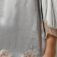 Gray Silk Satin Floral Lace Long Sleeve Top