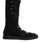 Black Alpaca Wool Suede Mid Calf Boots Shoes