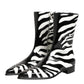 Black White Zebra Leather Mid Calf Boots Shoes