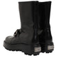 Black Logo Plaque Mid Calf Biker Boots Shoes