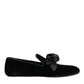 Black Suede Cotton Rose Slip On Loafers Shoes