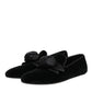 Black Suede Cotton Rose Slip On Loafers Shoes