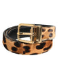 Brown Leather Leopard Print Metal Buckle Belt