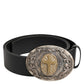Black Leather Ornate Metal Buckle Men Belt