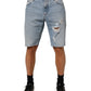 Blue Cotton Distressed Denim Bermuda  Shorts
