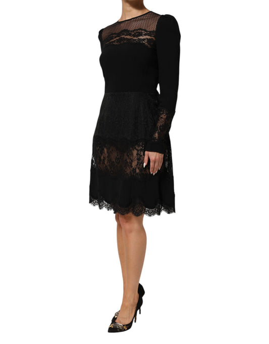 Black Floral Lace Trim Sheath A-line Dress
