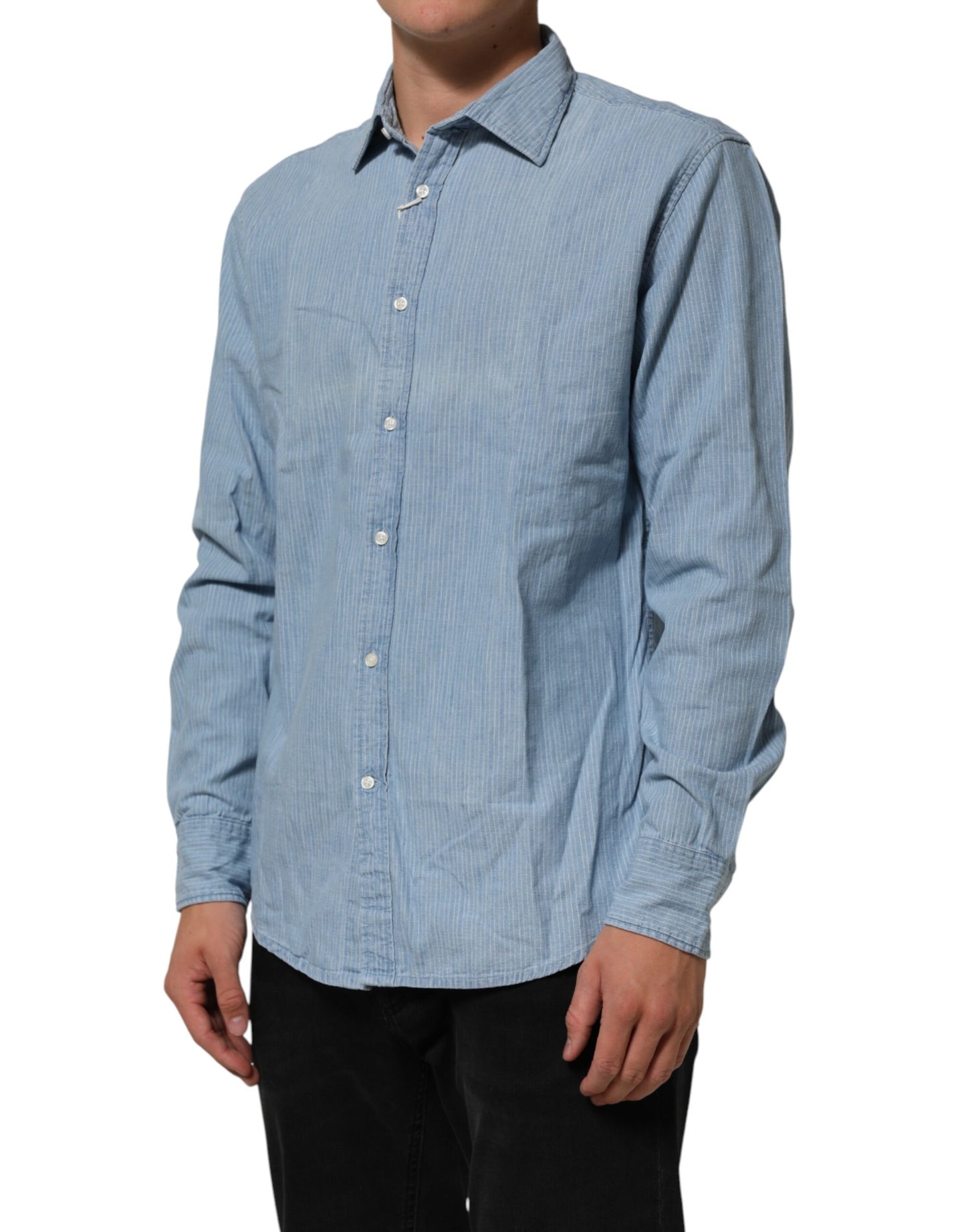 Blue Denim Regular Fit Collared Long Sleeve Men Shirt