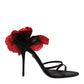 Black Leather Strappy Flower Heels Sandals  Shoes