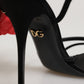 Black Leather Strappy Flower Heels Sandals  Shoes