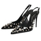 Black Studded Leather Heels Slingbacks Shoes