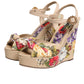 Beige Floral Ankle Strap Wedge Sandals Shoes