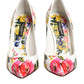 White Floral Leather High Heels Pumps Shoes