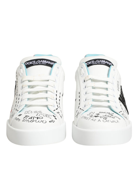 White Leather Graffiti Low Top Sneakers Shoes