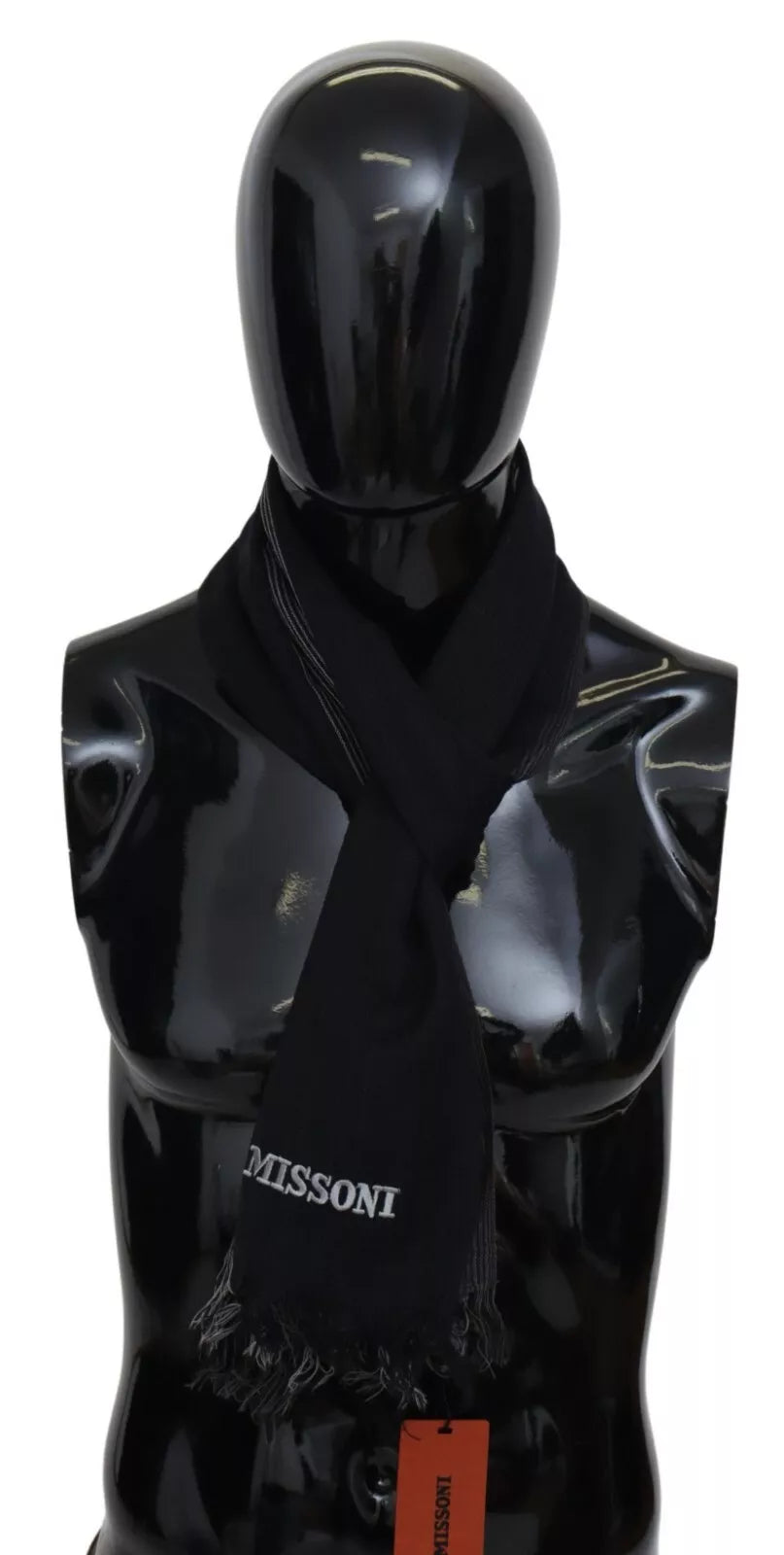 Black Striped Wool Unisex Neck Wrap Fringes Logo Scarf