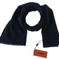 Dark Blue Wool Unisex Neck Wrap Fringes Logo Scarf