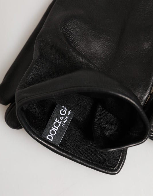 Black Leather Embellished Long Mitten Gloves