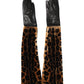Brown Black Leopard Leather Elbow Length Mitten Gloves