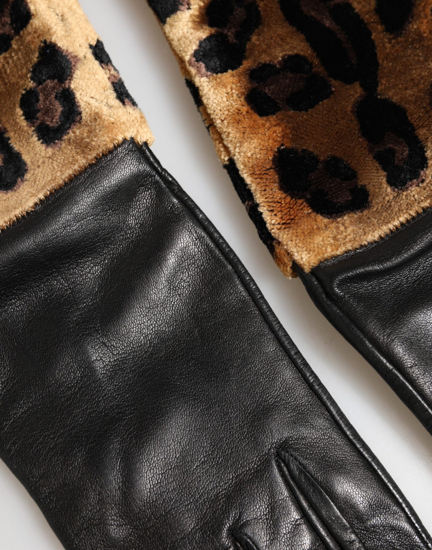 Brown Black Leopard Leather Elbow Length Mitten Gloves