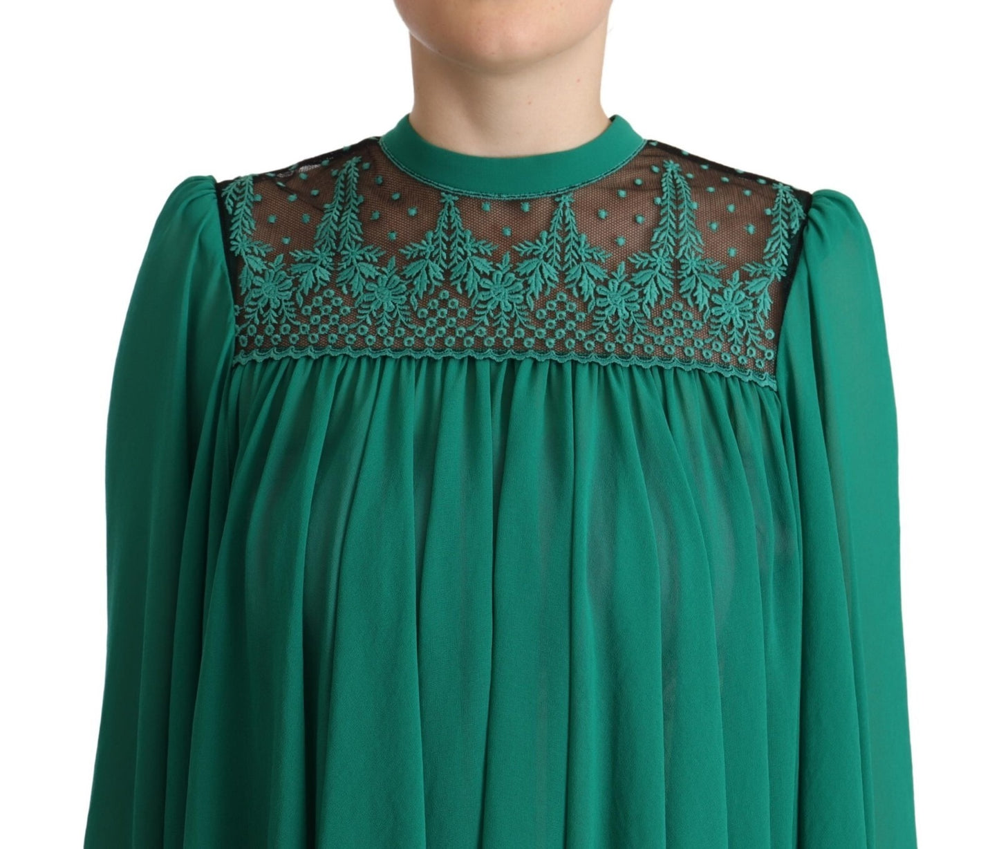 Green Lace Polyester Long Sleeves Pleated Top Blouse