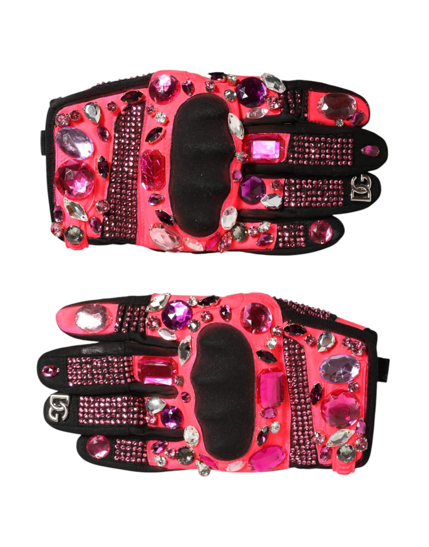 Black Pink Crystal Wrist Length Mitten Gloves
