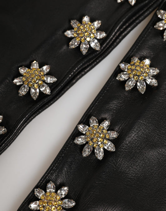 Black Leather Embellished Long Mitten Gloves
