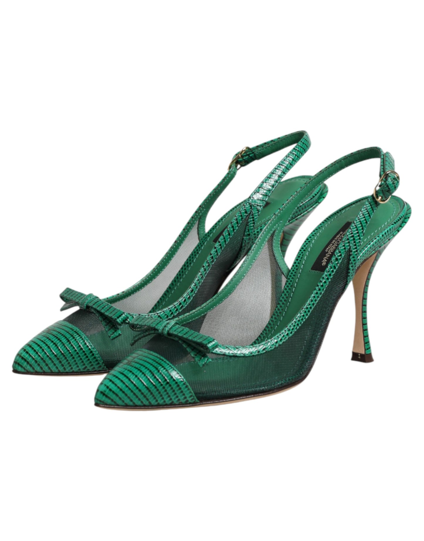 Green Leather Mesh Heels Slingback  Shoes