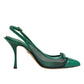 Green Leather Mesh Heels Slingback  Shoes