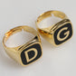 Gold-Tone Real Brass Black Enamel "DG" Adjustable Rings