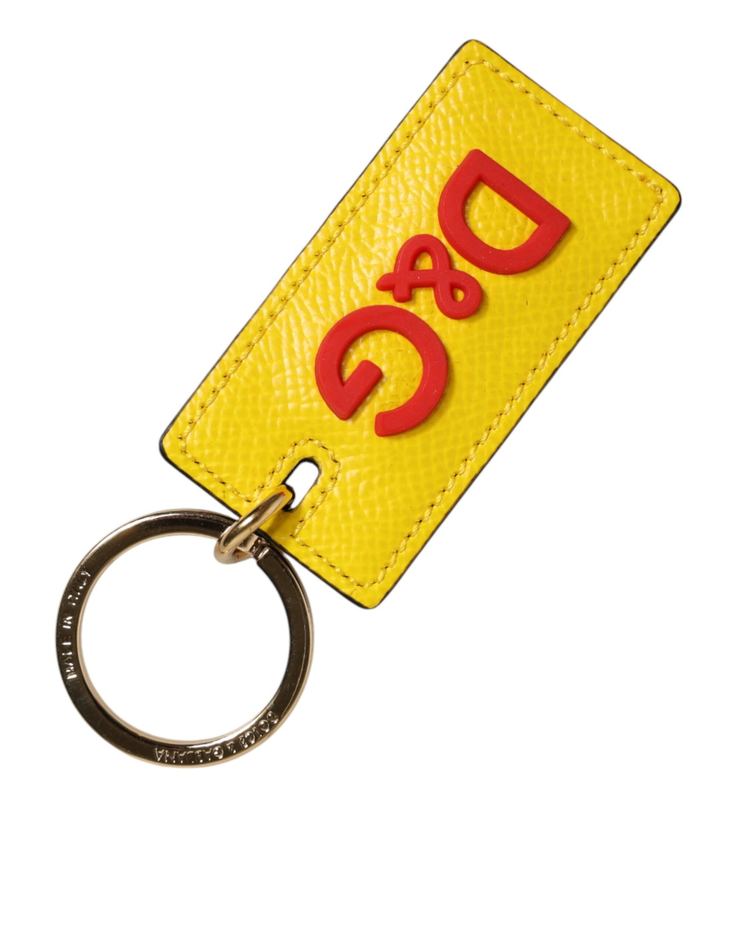 Yellow Calf Leather Logo Metal Ring Men Keychain Keyring