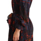 A-line Navy Blue Floral Silk Long Sleeve Knee Length Dress