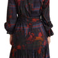 A-line Navy Blue Floral Silk Long Sleeve Knee Length Dress