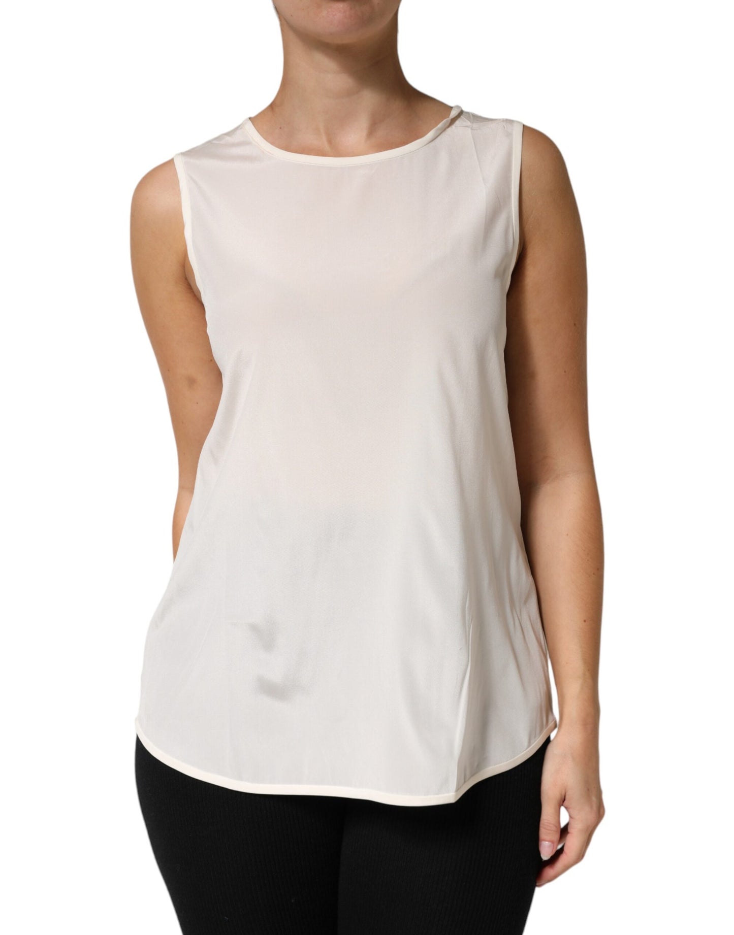 Off White Silk Stretch Roundneck Sleeveless Tank Top