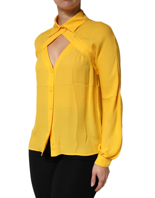 Yellow Silk Collared Long Sleeves  Top