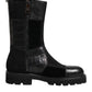 Black Patchwork Leather Mid Calf Boot  Shoes