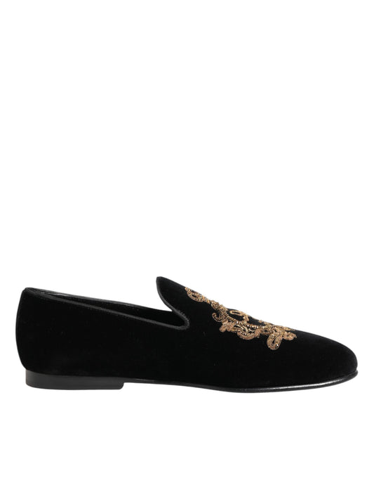 Black Velvet Gold Crown Mens Loafers Shoes