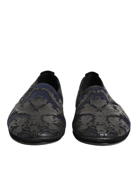 Black Jacquard Leather Slip On Loafers Shoes