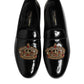 Black Leather Gold Crown Mens Loafers Shoes