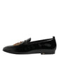 Black Leather Gold Crown Mens Loafers Shoes