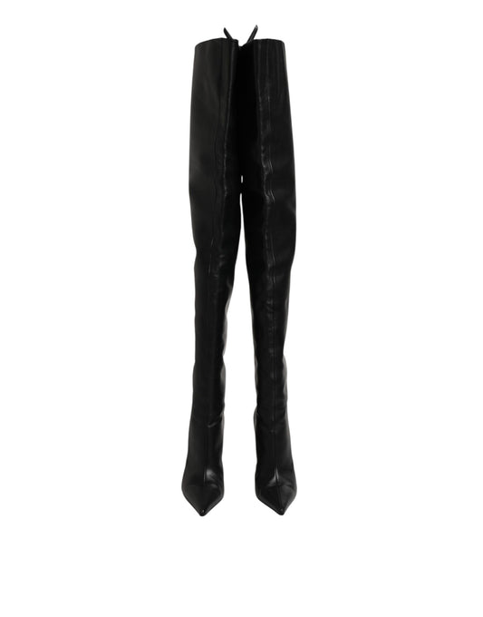 Black Leather Stiletto Knee High Boots Shoes