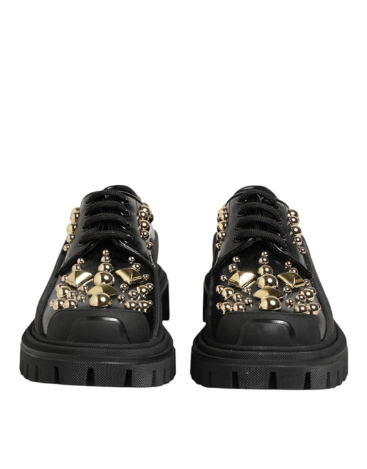 Black Leather Jeweled Crystals Derby Shoes